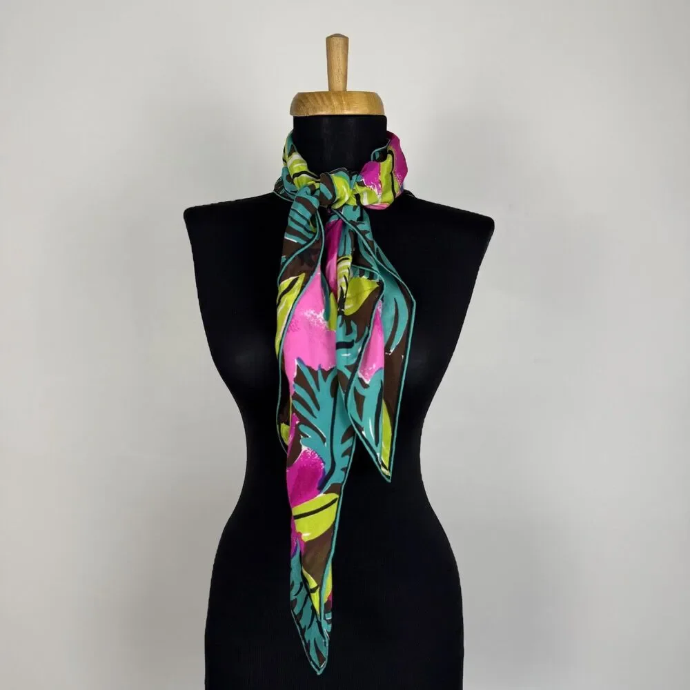 Vintage Vera Neumann Floral Scarf Pink Green Brown Hand Rolled Ladybug Logo - Picture 5 of 13